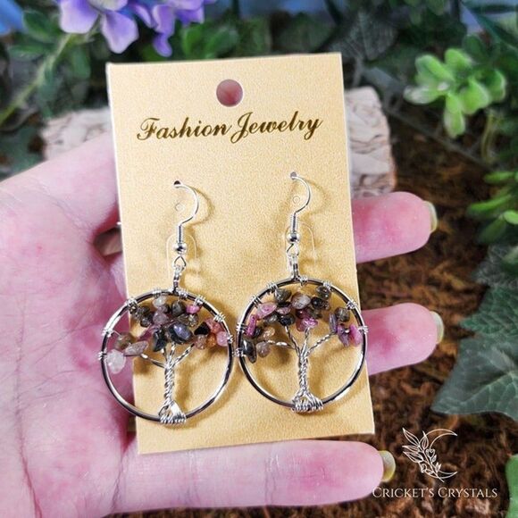 Watermelon Tourmaline Tree of Life Earrings #13 - Picture 2 of 2